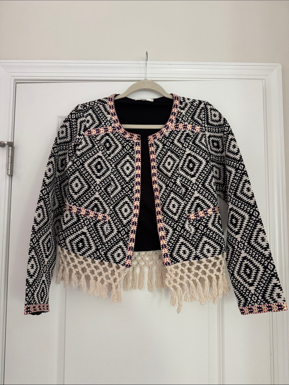 Tularosa Black & Cream Geometric Fringe Jacket with Pink Trim